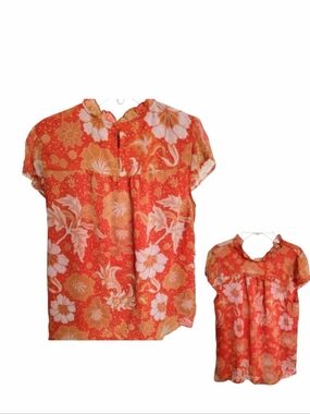 Joie Orange and Gold Floral Keyhole Ruffled Blouse Size Medium